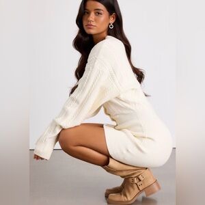 Lulu's Ivory Cable Knit V-Neck Sweater Dress